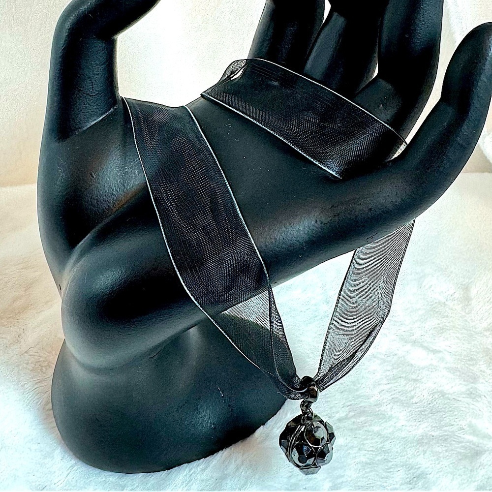 Vintage Express Sheer Ribbon Choker with Black Rhinestone Ball Charm Whimsigoth